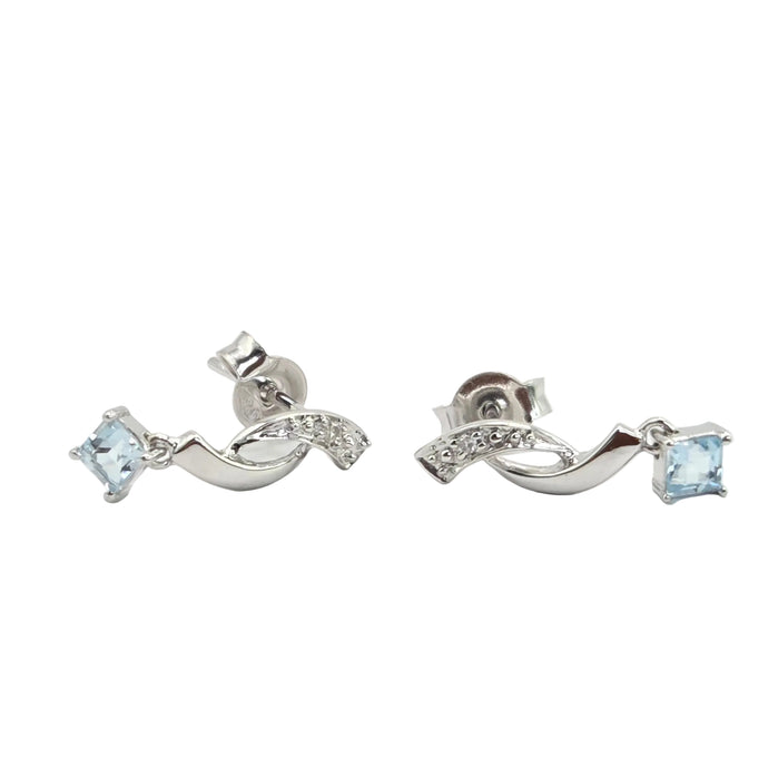 Vintage: 9ct White Gold Pale Blue Topaz & Diamond Drop Stud Earrings