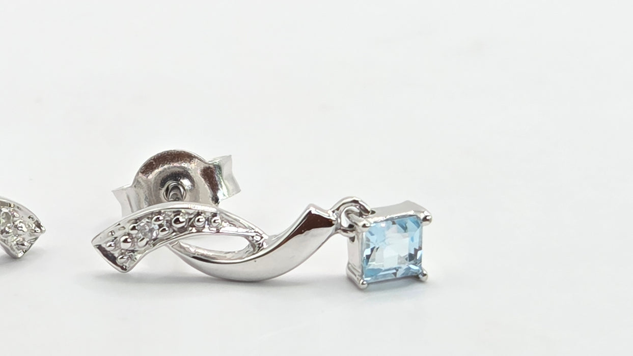 Vintage: 9ct White Gold Pale Blue Topaz & Diamond Drop Stud Earrings