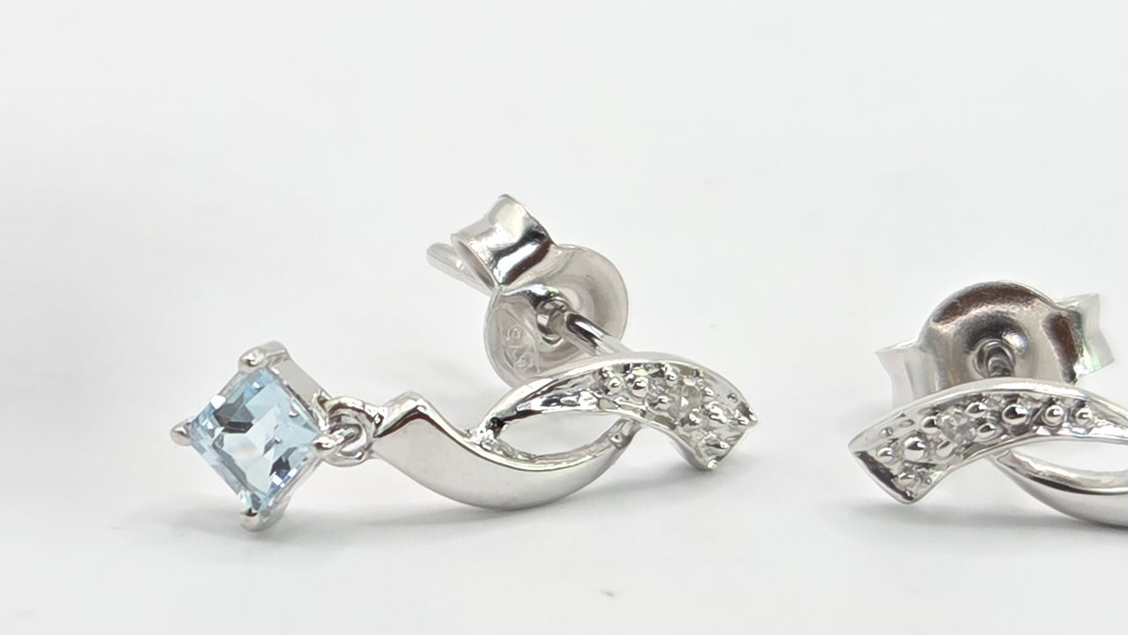 Vintage: 9ct White Gold Pale Blue Topaz & Diamond Drop Stud Earrings