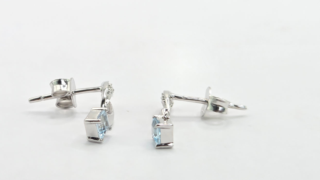 Vintage: 9ct White Gold Pale Blue Topaz & Diamond Drop Stud Earrings