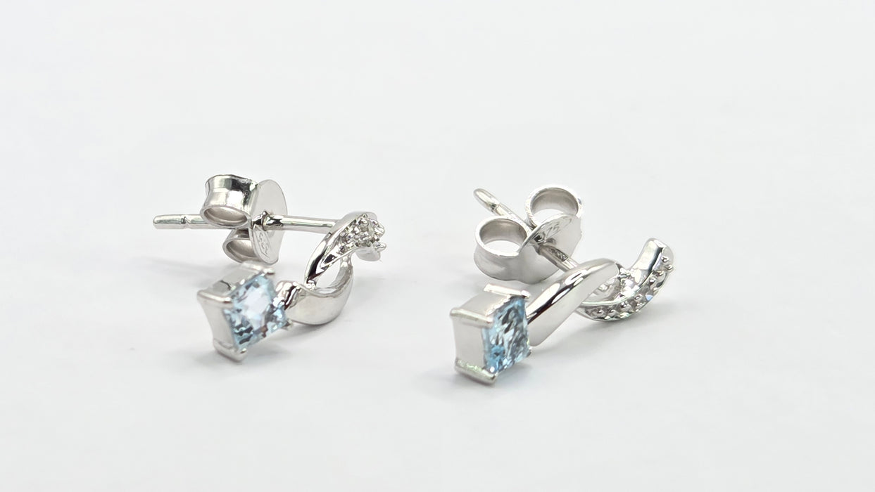 Vintage: 9ct White Gold Pale Blue Topaz & Diamond Drop Stud Earrings
