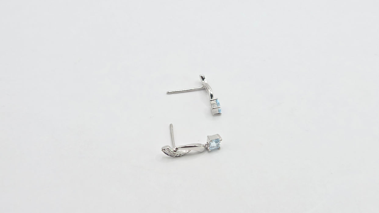 Vintage: 9ct White Gold Pale Blue Topaz & Diamond Drop Stud Earrings