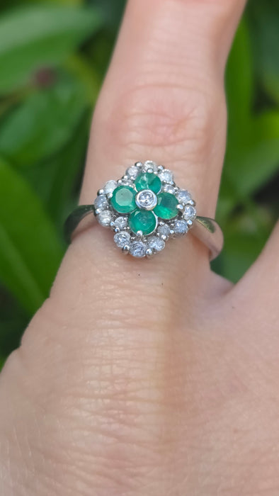 Vintage: Platinum Emerald & Diamond Offset Square Dress Ring — 0.40ct