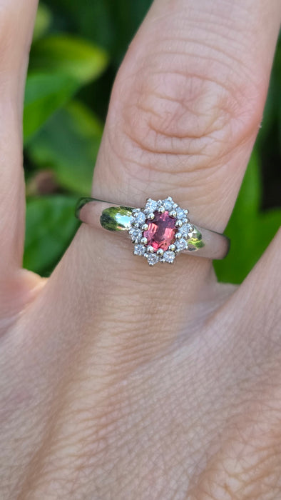 Vintage: 18ct White Gold Padparadscha Sapphire & Diamond Cluster Ring