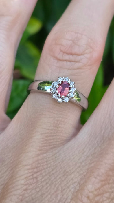 Vintage: 18ct White Gold Padparadscha Sapphire & Diamond Cluster Ring