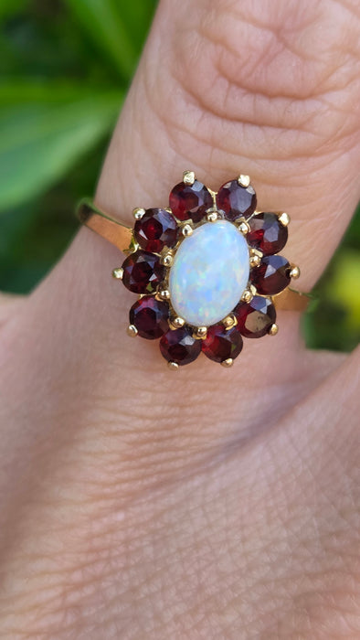 Vintage: 9ct Gold Opal & Garnet Cluster Ring — From 1981