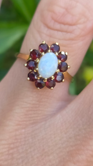 Vintage: 9ct Gold Opal & Garnet Cluster Ring — From 1981