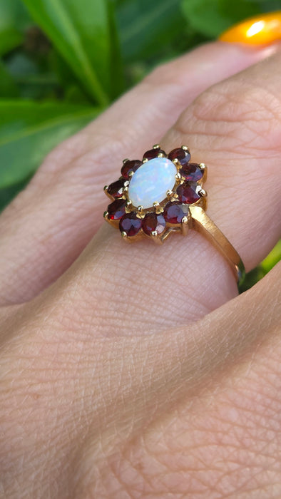 Vintage: 9ct Gold Opal & Garnet Cluster Ring — From 1981