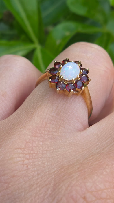 Vintage: 9ct Gold Opal & Garnet Cluster Ring — From 1981