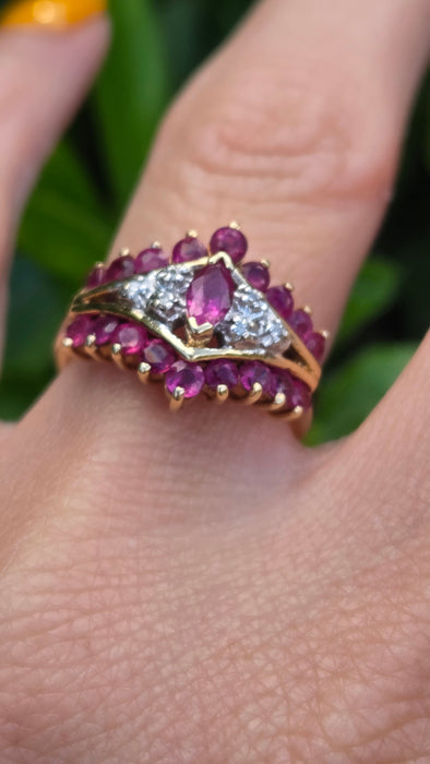 Vintage: 14ct Gold Art Deco Style Ruby & Diamond Cluster Ring