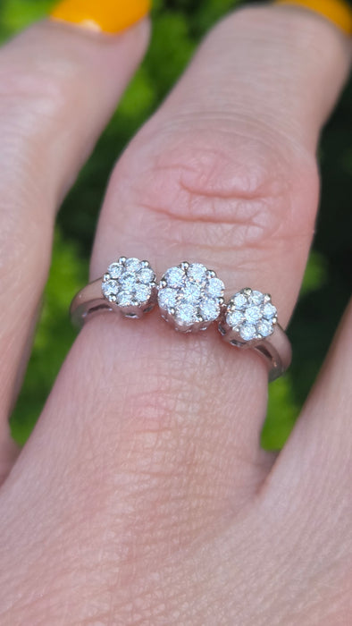 Vintage: 18ct White Gold Diamond Triple Cluster Ring — 0.35ct