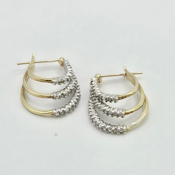 Vintage: 9ct Yellow Gold Diamond Triple Hoop Earrings
