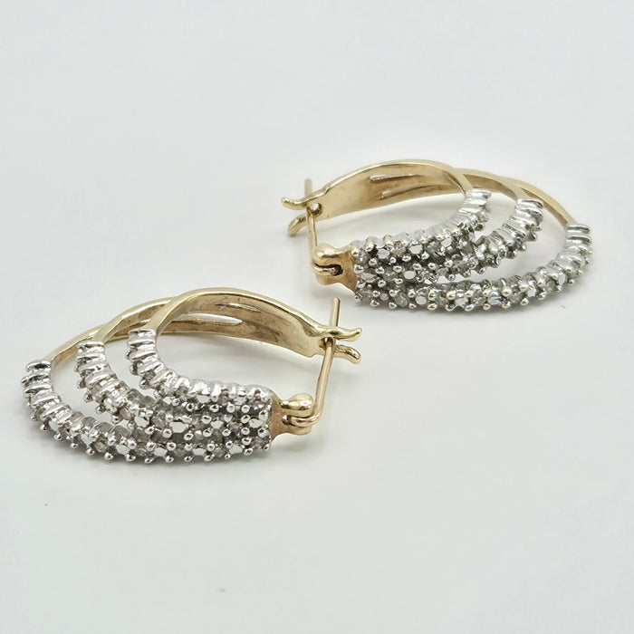 Vintage: 9ct Yellow Gold Diamond Triple Hoop Earrings