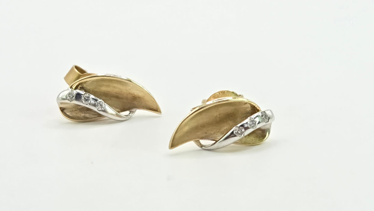 Vintage: 9ct Yellow & White Gold Diamond Leaf Stud Earrings