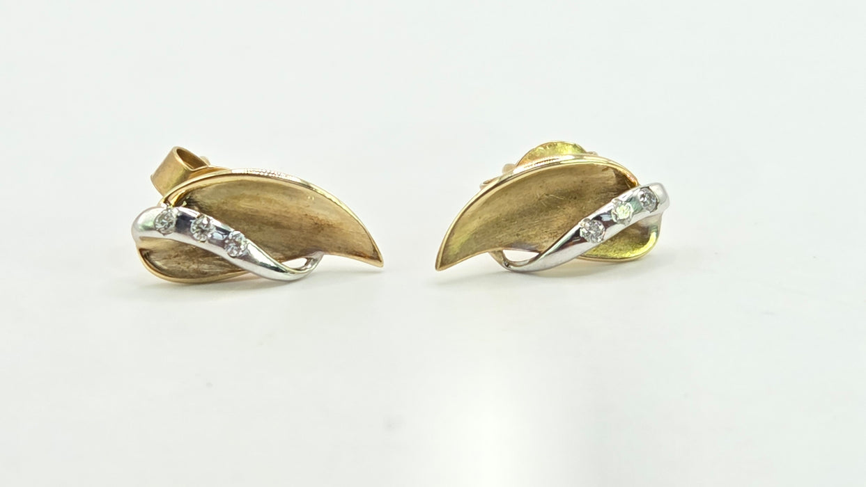Vintage: 9ct Yellow & White Gold Diamond Leaf Stud Earrings