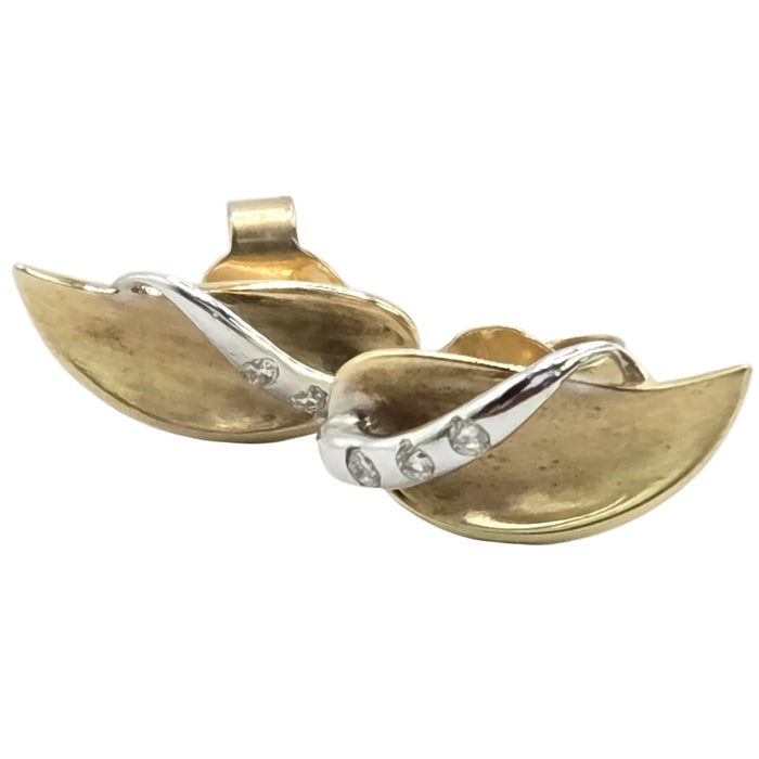 Vintage: 9ct Yellow & White Gold Diamond Leaf Stud Earrings