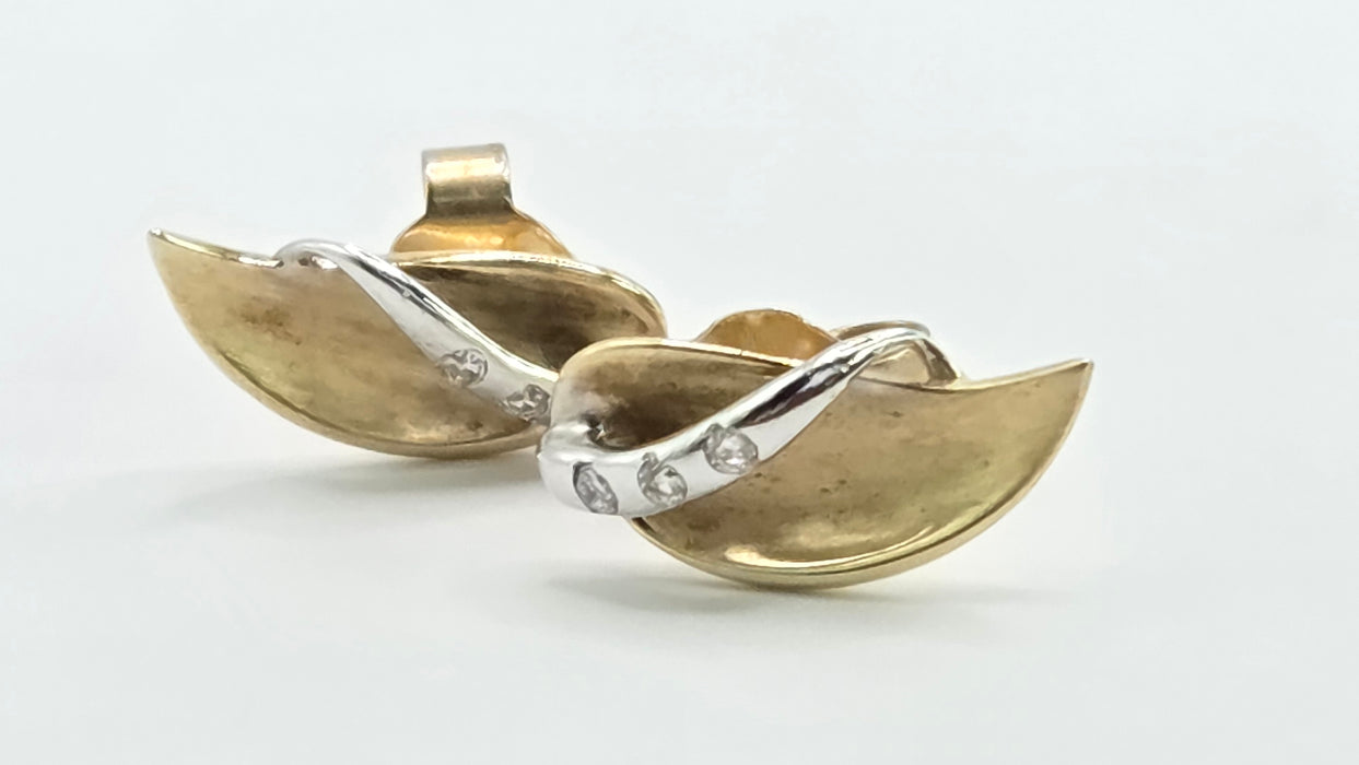 Vintage: 9ct Yellow & White Gold Diamond Leaf Stud Earrings