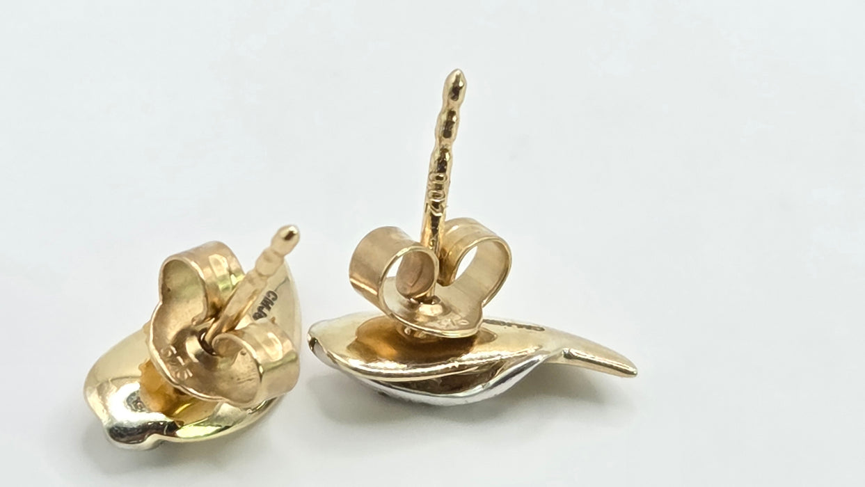 Vintage: 9ct Yellow & White Gold Diamond Leaf Stud Earrings