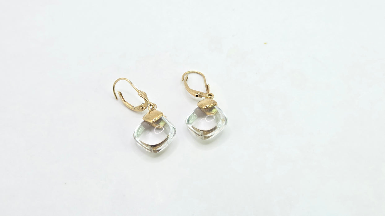 Vintage: 9ct Yellow Gold Rock Crystal Cushion Cabochon Drop Earrings