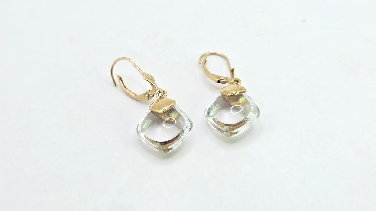 Vintage: 9ct Yellow Gold Rock Crystal Cushion Cabochon Drop Earrings