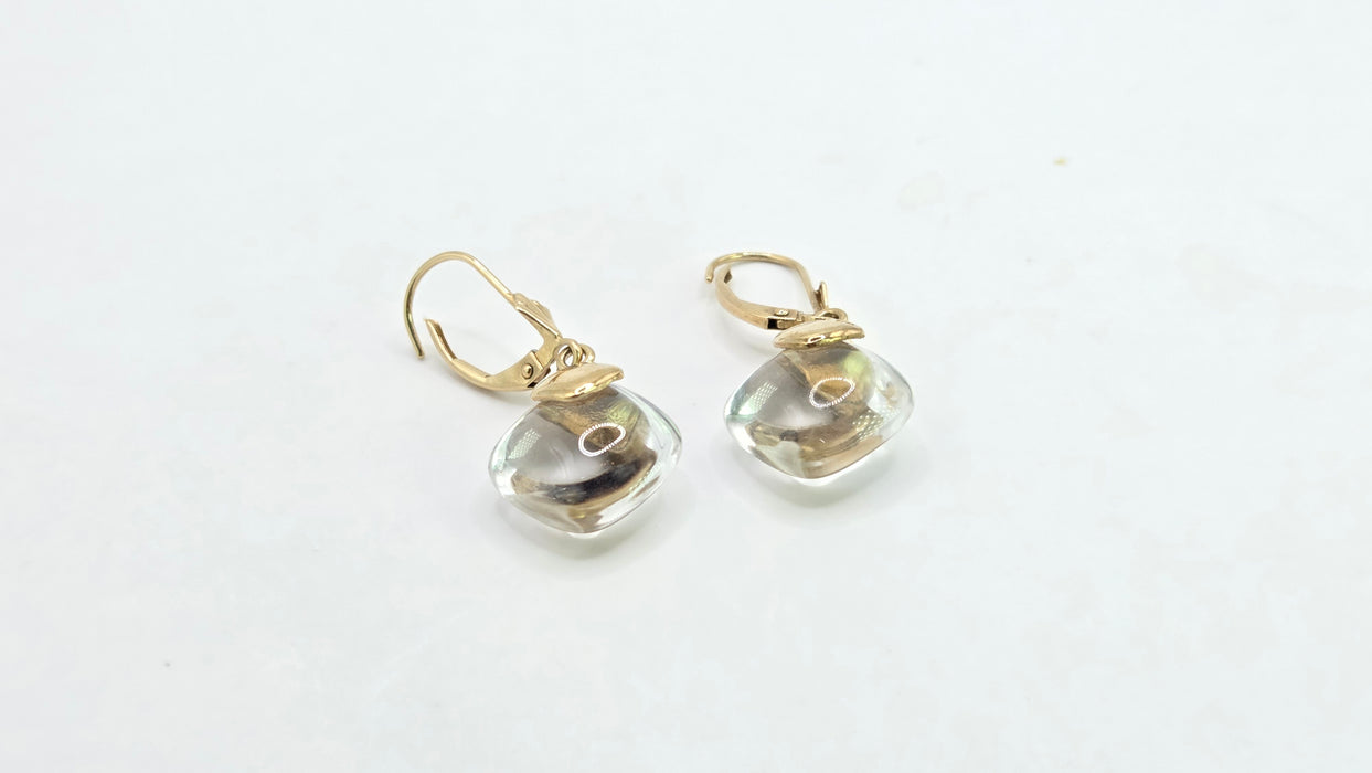 Vintage: 9ct Yellow Gold Rock Crystal Cushion Cabochon Drop Earrings