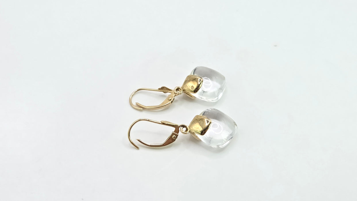 Vintage: 9ct Yellow Gold Rock Crystal Cushion Cabochon Drop Earrings