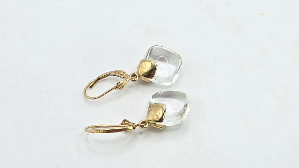 Vintage: 9ct Yellow Gold Rock Crystal Cushion Cabochon Drop Earrings