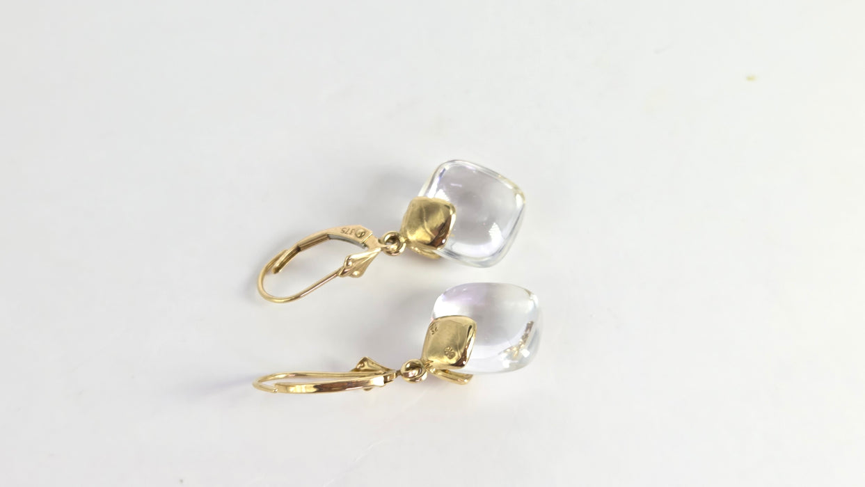 Vintage: 9ct Yellow Gold Rock Crystal Cushion Cabochon Drop Earrings