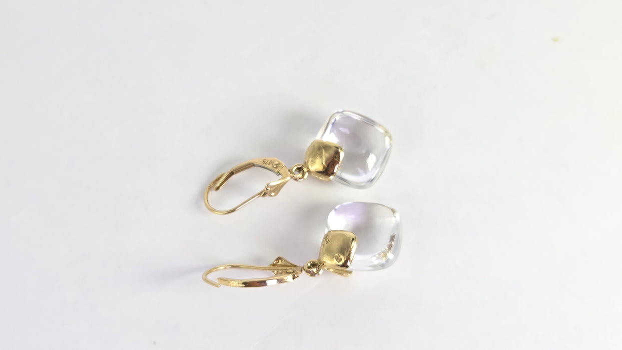 Vintage: 9ct Yellow Gold Rock Crystal Cushion Cabochon Drop Earrings