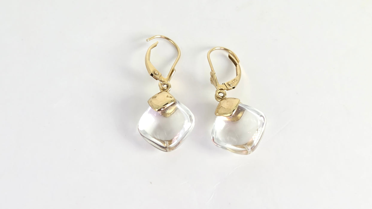Vintage: 9ct Yellow Gold Rock Crystal Cushion Cabochon Drop Earrings