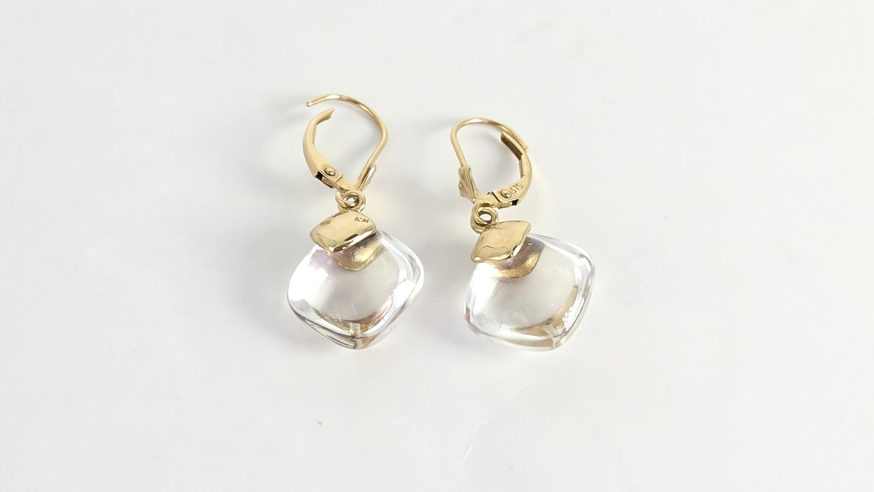 Vintage: 9ct Yellow Gold Rock Crystal Cushion Cabochon Drop Earrings