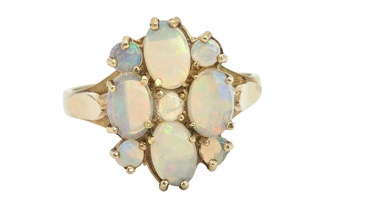 Vintage: 9ct Yellow Gold Nine Stone Opal Cluster Ring