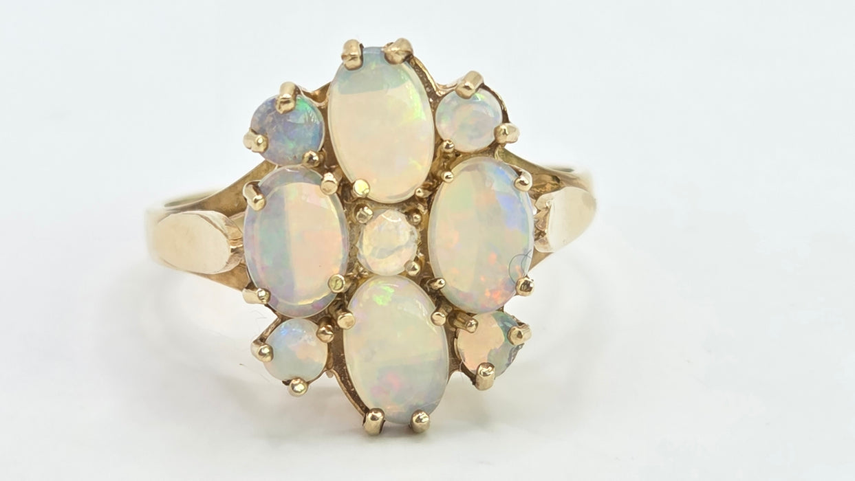 Vintage: 9ct Yellow Gold Nine Stone Opal Cluster Ring