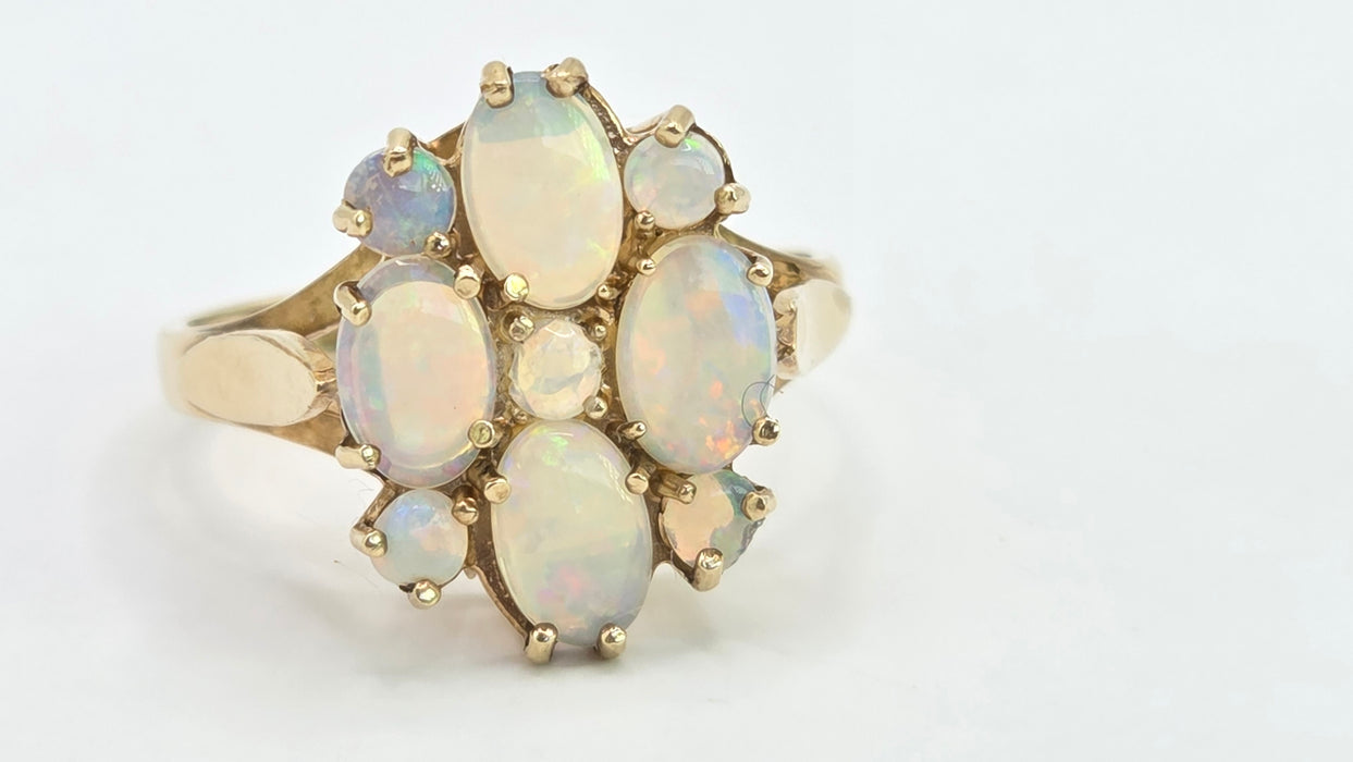 Vintage: 9ct Yellow Gold Nine Stone Opal Cluster Ring