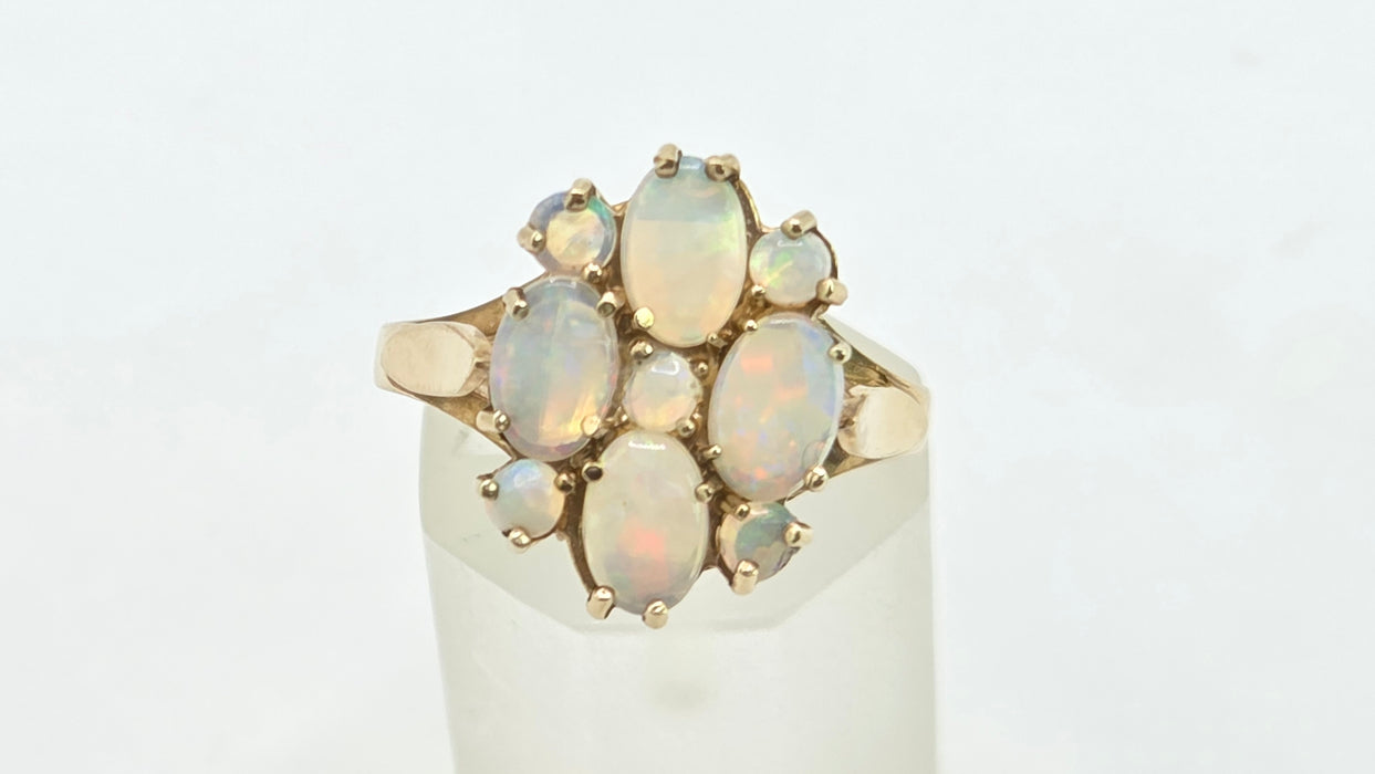 Vintage: 9ct Yellow Gold Nine Stone Opal Cluster Ring