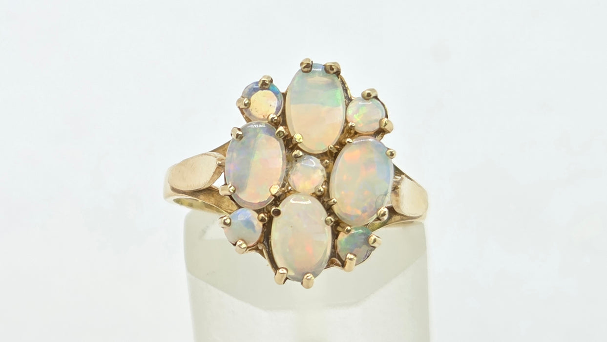 Vintage: 9ct Yellow Gold Nine Stone Opal Cluster Ring