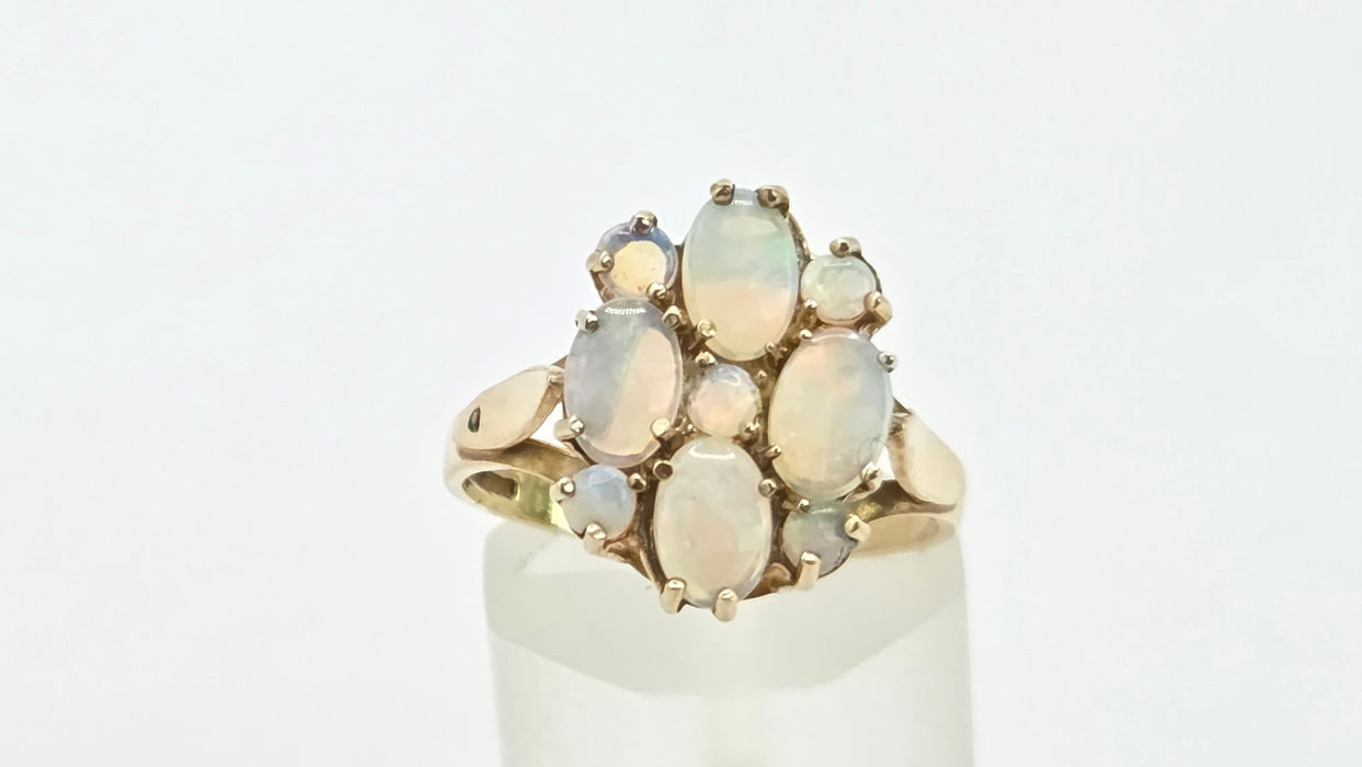 Vintage: 9ct Yellow Gold Nine Stone Opal Cluster Ring