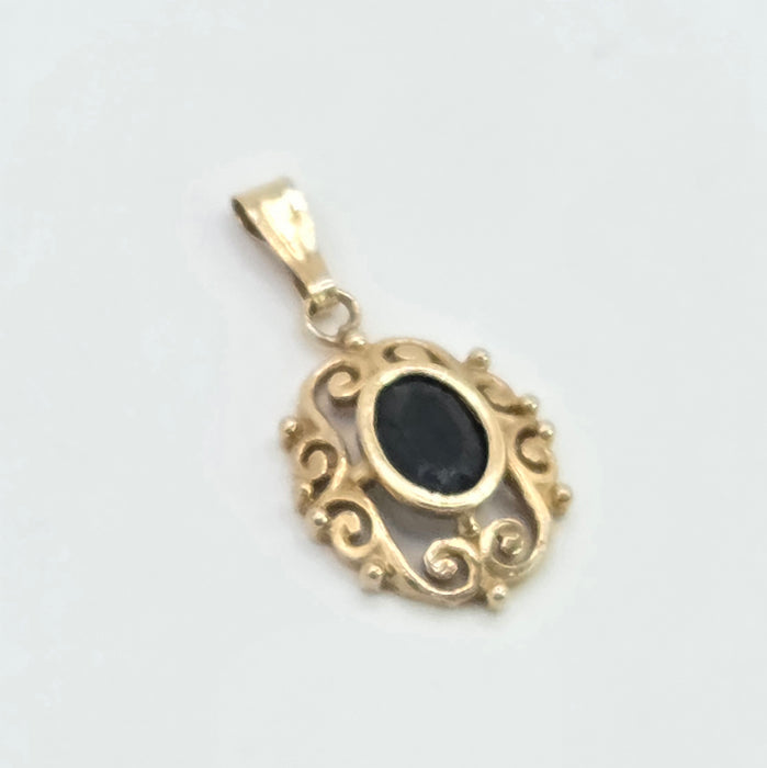 Vintage: 9ct Yellow Gold Sapphire Scrollwork Pendant
