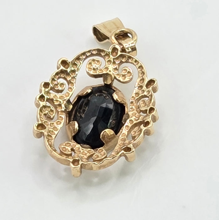 Vintage: 9ct Yellow Gold Sapphire Scrollwork Pendant