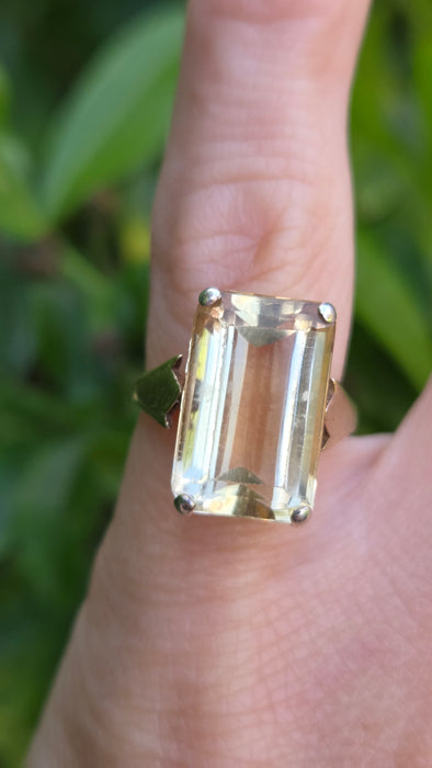 Vintage: 9ct Gold Emerald-Cut Citrine Solitaire Ring
