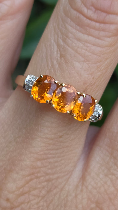 Vintage: 9ct Yellow Gold Orange Citrine & Diamond Trilogy Ring