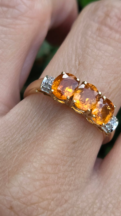 Vintage: 9ct Yellow Gold Orange Citrine & Diamond Trilogy Ring