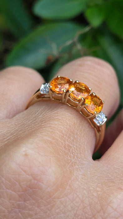 Vintage: 9ct Yellow Gold Orange Citrine & Diamond Trilogy Ring