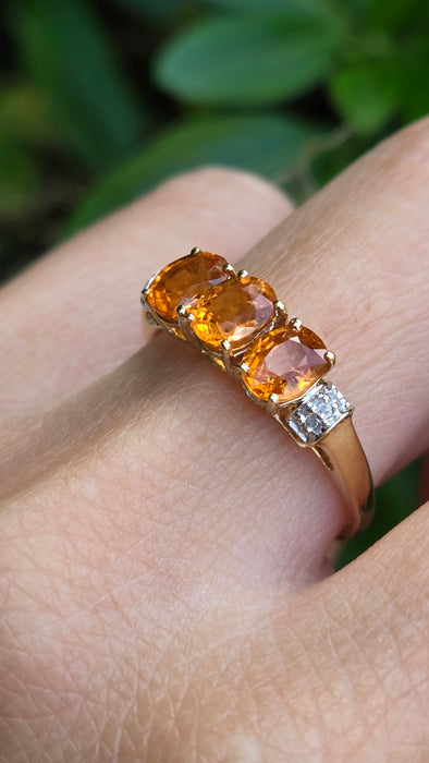 Vintage: 9ct Yellow Gold Orange Citrine & Diamond Trilogy Ring
