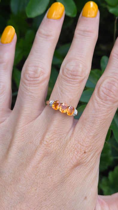 Vintage: 9ct Yellow Gold Orange Citrine & Diamond Trilogy Ring