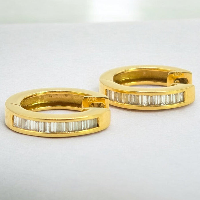 Vintage: 18ct Yellow Gold Channel Set Baguette Diamond Articulated Hoop Earrings — 0.87ct