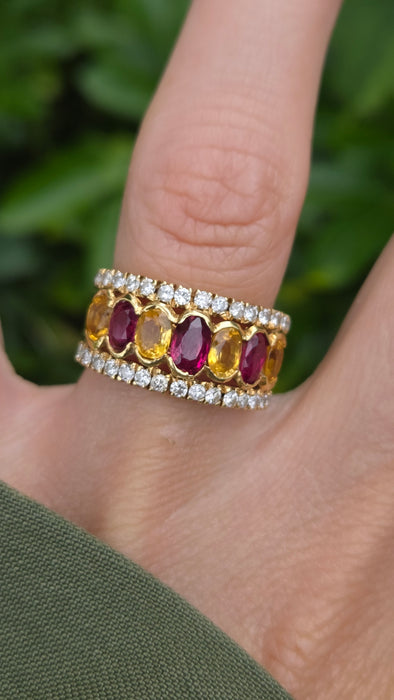 Vintage: 18ct Yellow Gold Ruby, Sapphire & Diamond Half Hoop Dress Ring — 0.60ct