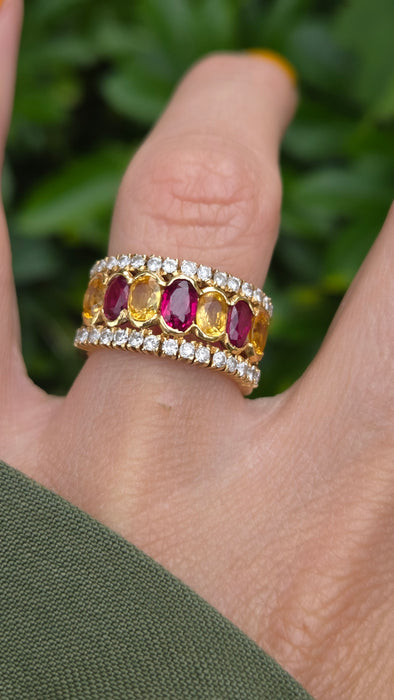 Vintage: 18ct Yellow Gold Ruby, Sapphire & Diamond Half Hoop Dress Ring — 0.60ct