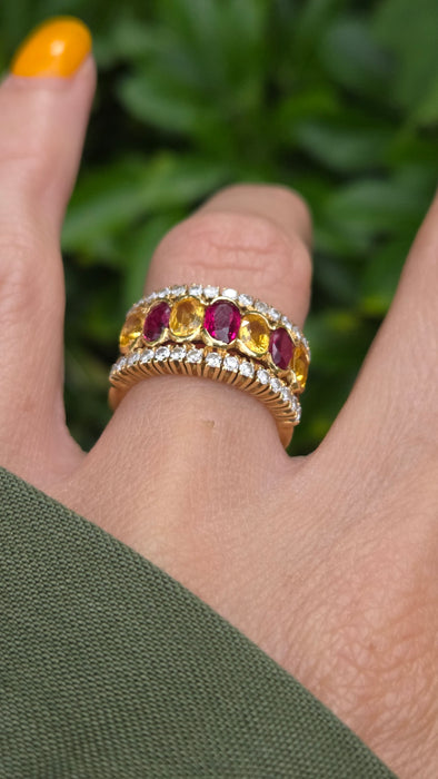 Vintage: 18ct Yellow Gold Ruby, Sapphire & Diamond Half Hoop Dress Ring — 0.60ct