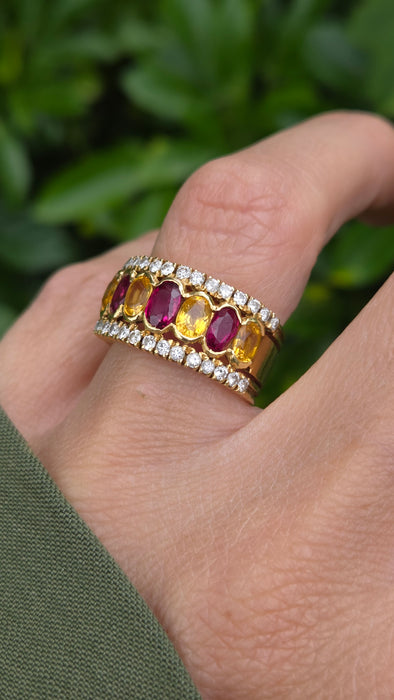 Vintage: 18ct Yellow Gold Ruby, Sapphire & Diamond Half Hoop Dress Ring — 0.60ct